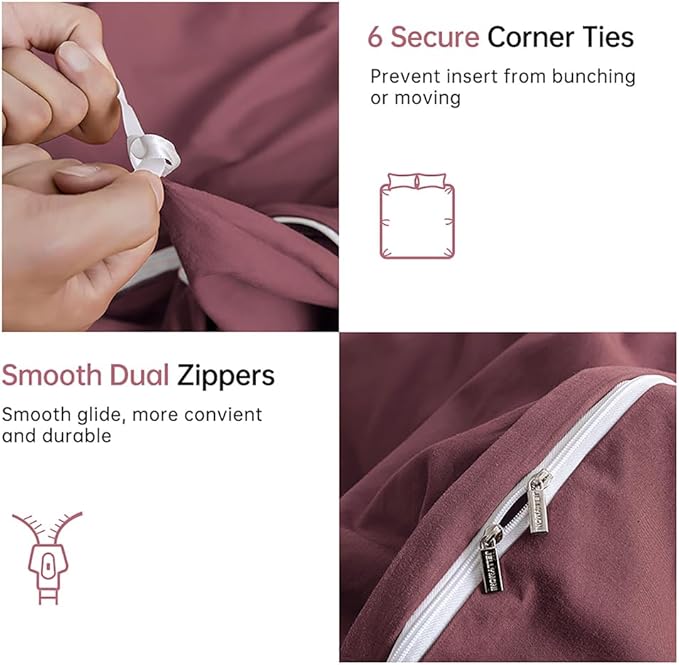 JELLYMONI Plum Duvet Cover King Size - 100% Washed Cotton Linen Like Textured Comforter Cover, 3 Pieces Lightweight Soft Bedding Set with Zipper Closure (Plum, 104"x90")