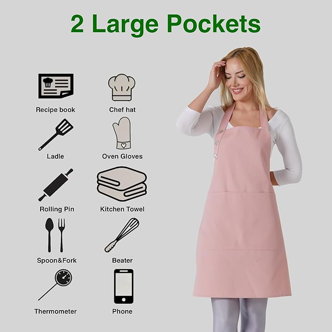 TOSHE Kitchen Apron Waterdrop Resistant Cotton Apron with adjustable Aprons for Women with Pockets Cooking Apron (2 Pack - Powder Pink)