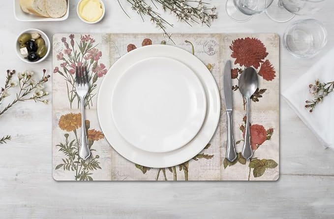 Vinyl Rectangular Placemats Set of 4 - Non Slip Place Mats Ideal for Indoor and Outdoor Dining Table - Washable and Heat Resistant Fall Placemats for Kitchen Tables (Flowers)