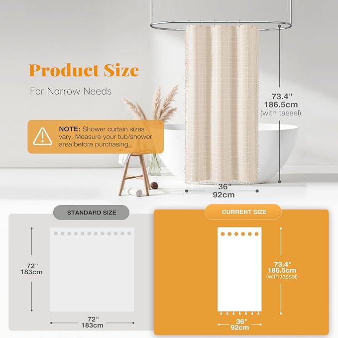 BTTN Boho Shower Stall Curtain - 36x72 Narrow Linen Ultra Thick Tassel Fabric Shower Curtain Set with 6 Plastic Hooks, Half Camper RV Modern Farmhouse Country Shower Curtains for Bathroom, Cream/Beige