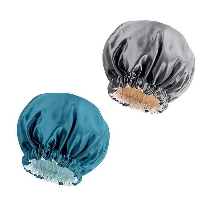 Satin Bonnet Silk Bonnet Hair Bonnet for Sleeping-Slouchy Beanie Hat Satin Sleep Cap for Women's Natural & Curly Hair(Blue Zircon&Dark Grey)