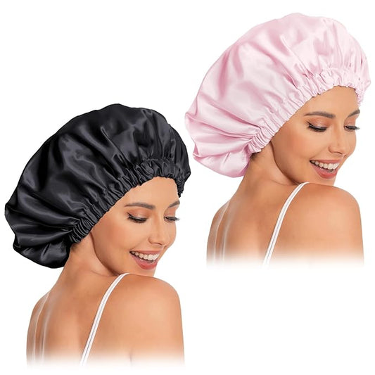 Satin Bonnet Silk Bonnet Hair Bonnet for Sleeping-Slouchy Beanie Hat Satin Sleep Cap for Women's Natural & Curly Hair(Black&Pink)