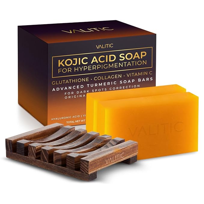 VALITIC Kojic Acid Soap for Hyperpigmentation - with Glutathione, Collagen & Vitamin C - Natural Soap Bars with Turmeric - Original Japanese Complex for Dark Spot Correction - 2 Pack + Holder