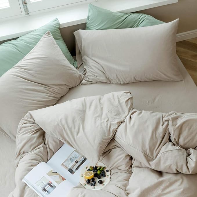 AMWAN Apricot Beige Duvet Cover Queen Taupe Light Khaki Solid Color Bedding Sets Jersey Knit Cotton Simple Style 1 Queen Size Beige Tan Duvet Cover