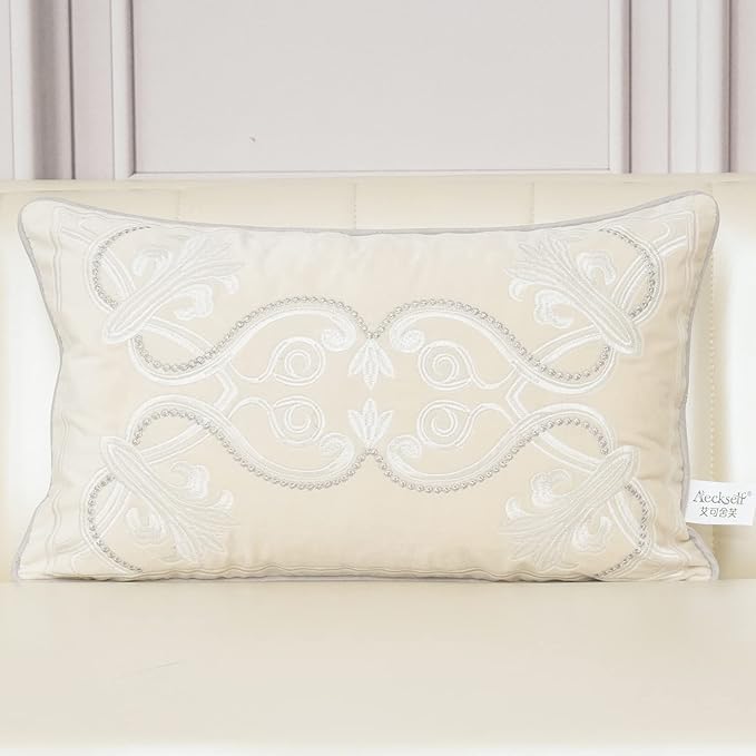 Aeckself European Luxury Velvet Lumbar Throw Pillow Cover 12 x 20 Inch, Embroidery Floral Pillow Cover Home Decor Oblong Pillowcase for Couch Bedroom Living Room, Off White