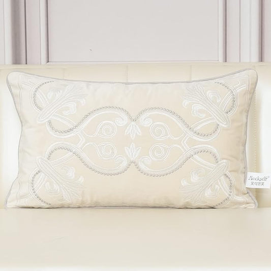 Aeckself European Luxury Velvet Lumbar Throw Pillow Cover 12 x 20 Inch, Embroidery Floral Pillow Cover Home Decor Oblong Pillowcase for Couch Bedroom Living Room, Off White