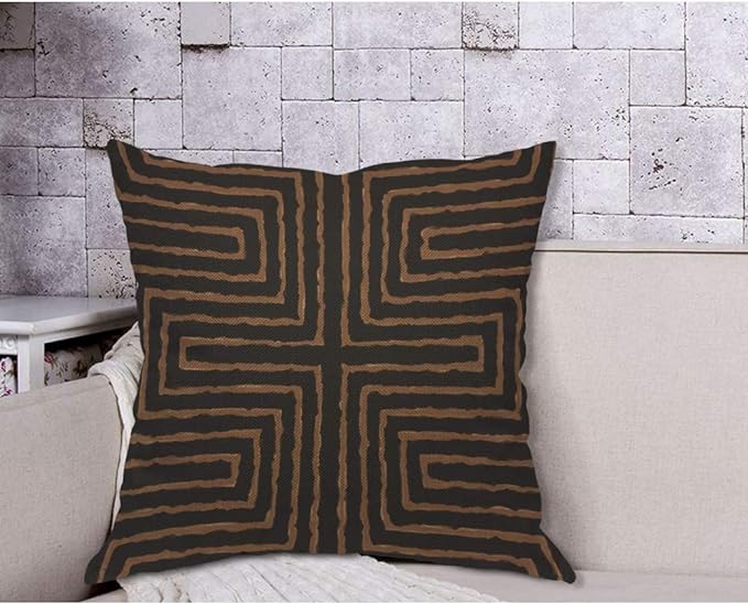 AOYEGO Pouf Maze Tribal African Design Throw Pillow Cover Labyrinth Linear Doodle Brain Mind Game Symmetric Symmetrical Simple Brown Pillow Case 18x18 Inch Decorative Men Women Room Cushion