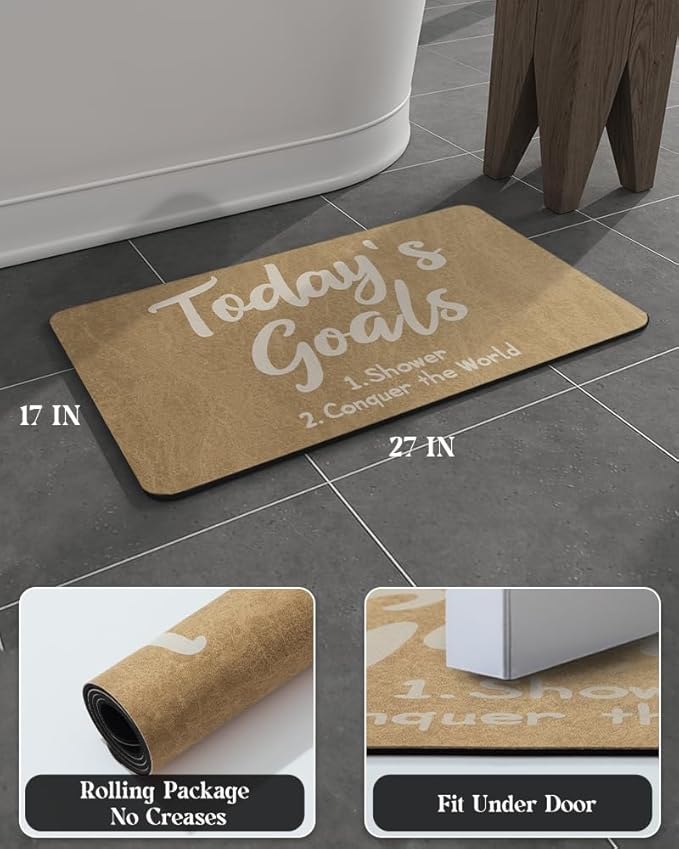MontVoo -Bath Mat Rug- Non Slip Quick Dry Absorbent Thin Bathroom Rugs Fit Under Door-Faux Suede Surface Bathroom Floor Mats-Shower Rug for in Front of Bathtub Shower 17 X27.5 Camel Text Pattern