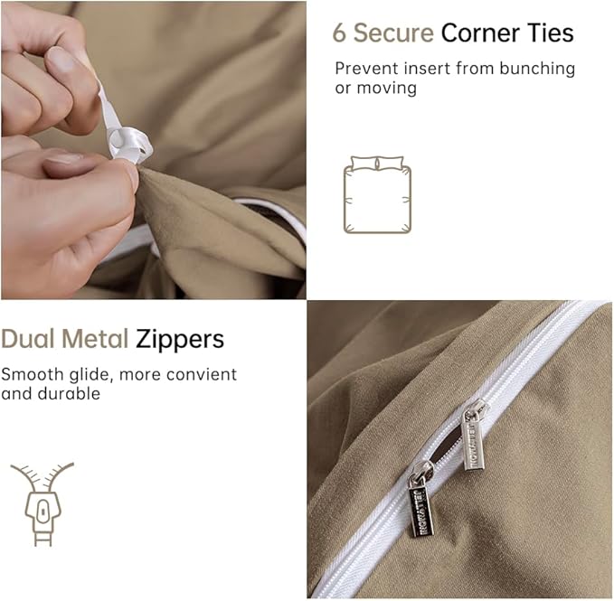 JELLYMONI Khaki Duvet Cover Full Size - 100% Washed Cotton Linen Feel Textured Comforter Cover, 3 Pieces Breathable Soft Bedding Set with Zipper Closure (Khaki, Full 80"x90")