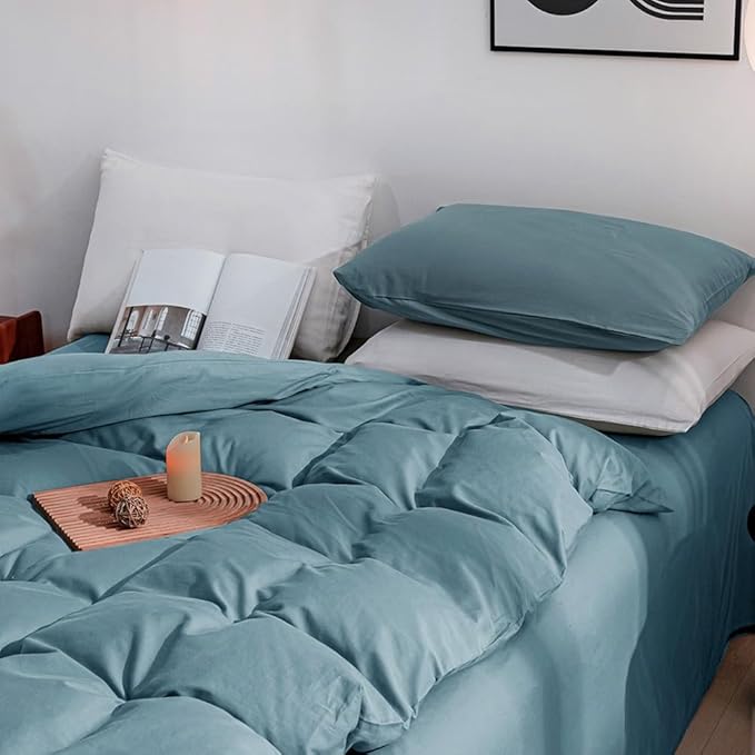 JELLYMONI Cotton Duvet Cover Queen Size - 100% Washed Cotton Linen Like Textured Comforter Cover, 3 Pieces Breathable Soft Bedding Set with Zipper Closure (Grayish Blue, Queen 90"x90")