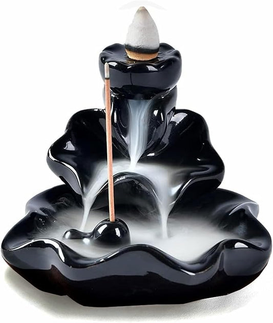 Waterfall Incense Burner, Lotus Backflow Incense Holder Ceramic Censer Cones Sticks Porcelain Holder with 10 Free Mixed Aromatherapy Cones