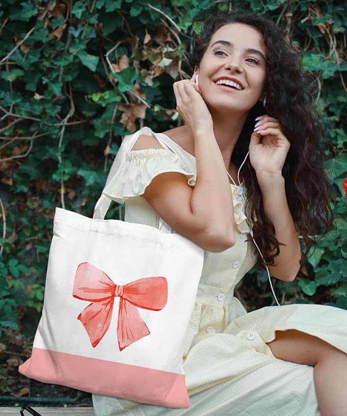 Coquette Pink Bow Preppy Canvas Tote Bag for Women Teens Teen Girls, Pink Bow Girls Tote Bag, Coquette Gifts