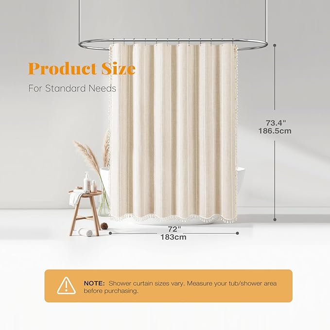 BTTN Boho Farmhouse Shower Curtain, Linen Rustic Weighted Striped Cloth Shower Curtain Set with Tassel, Water Repellent, Bohemian Vintage Country Fabric Shower Curtain for Bathroom, Cream/Beige, 72x72
