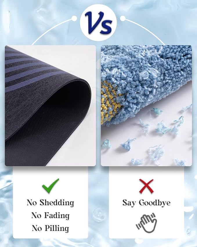 MontVoo -Bath Mat-Non Slip Thin Bathroom Rugs Fit Under Door- Quick Dry Absorbent Faux Suede Surface Grey Bathroom Floor Mats-Shower Rug for in Front of Bathtub Shower Blue Arched 17x27.5