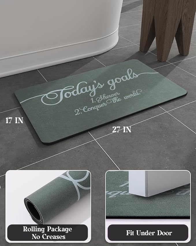 MontVoo -Bath Mat Rug- Non Slip Quick Dry Absorbent Thin Bathroom Rugs Fit Under Door-Faux Suede Surface Bathroom Floor Mats-Shower Rug for in Front of Bathtub Shower 17 X27.5 Green Text Pattern