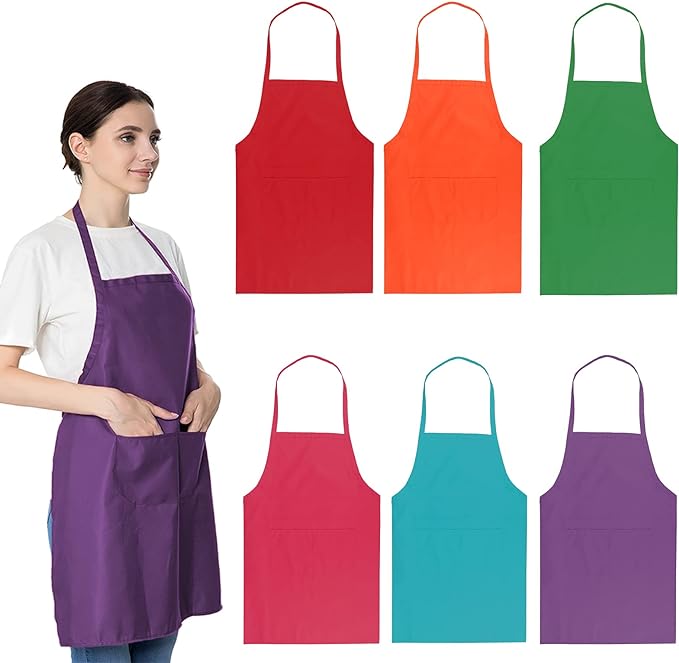 6 PCS Plain Bib Aprons for Women Men Bulk,Multicolor Apron with 2 Pockets for Painting Crafting Baking Cooking Kitchen.(6pcs-6colors) …