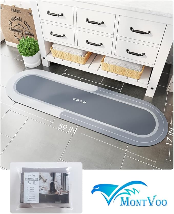 MontVoo Bath Mat Runner - Long Non Slip Absorbent Quick Dry Thin Bath Rug for Bathroom Floor Mat - Rubber Backed - Stain Resistant - Easy Care - Blue 17"x59"