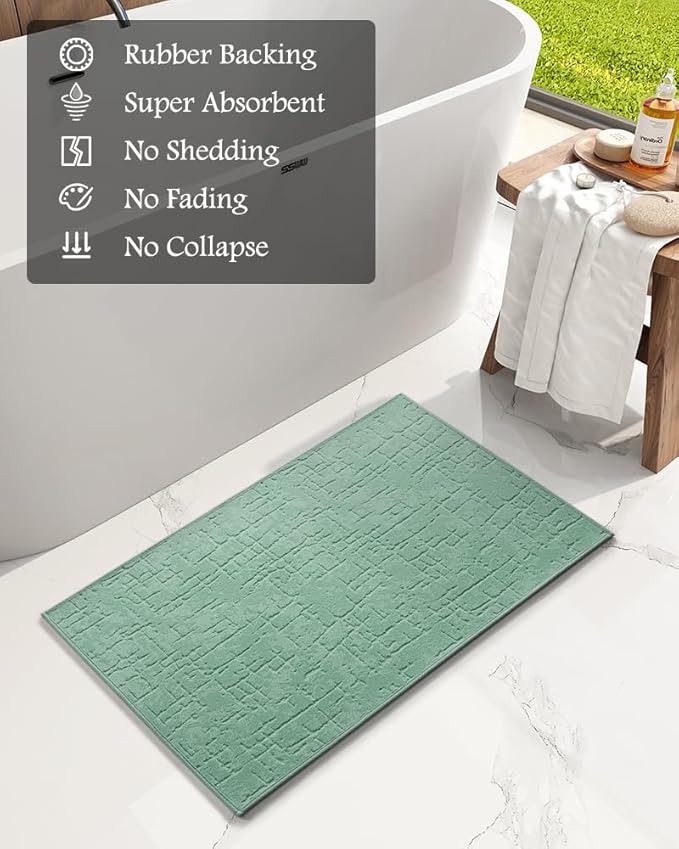 AMOAMI-Bath Mat-Absorbent Quick Dry Bathroom Floor Mats-Washable Rubber Backing Bath Mats for Bathroom Rugs Fit Under Door-Bath Rug for in Front of Sink Bathtub Shower Room, Moss 20''x32''
