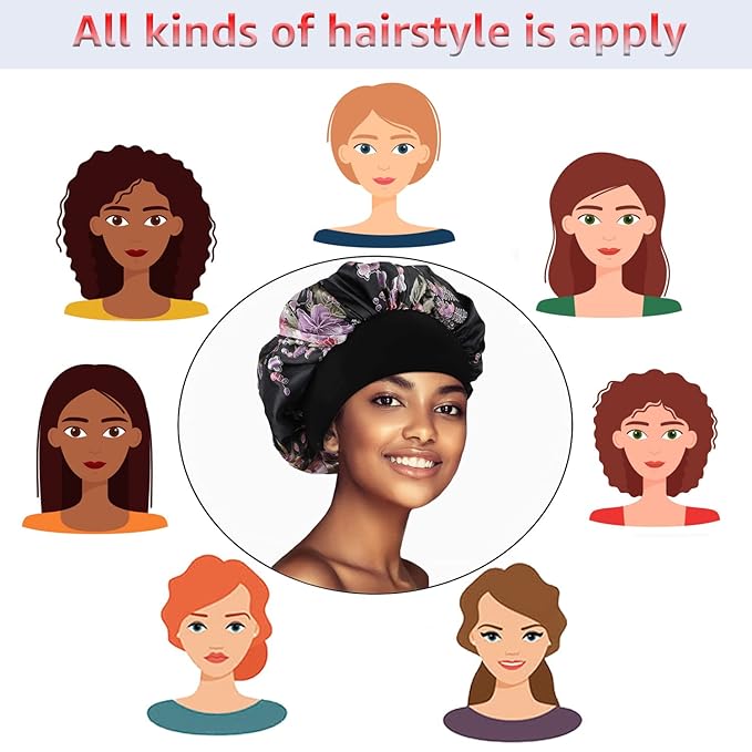 3 Pack Satin Bonnet Silk Hair Bonnet for Sleeping, Sleep Bonnets for Women Large Wide Soft Band Sleep Cap for Curly Hair Braids
