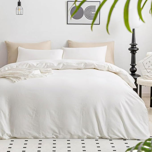 JELLYMONI White Duvet Cover Oversized Queen Size - 100% Washed Cotton Lightweight Cooling Comforter Cover, 3 Pieces Soft Bedding Set with Zipper Closure (Cream White, 98"x98")