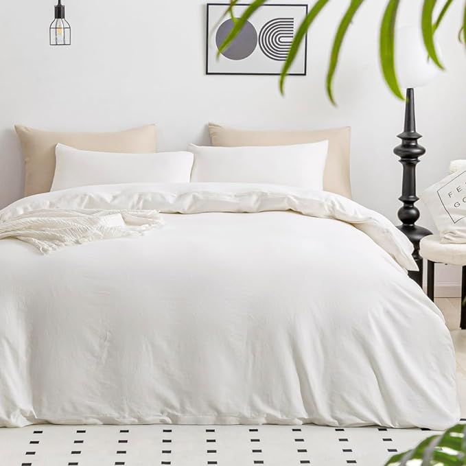 JELLYMONI White Duvet Cover Super Queen Size - 100% Washed Cotton Lightweight Cooling Comforter Cover, 3 Pieces Soft Bedding Set with Zipper Closure (Cream White, 98"x90")