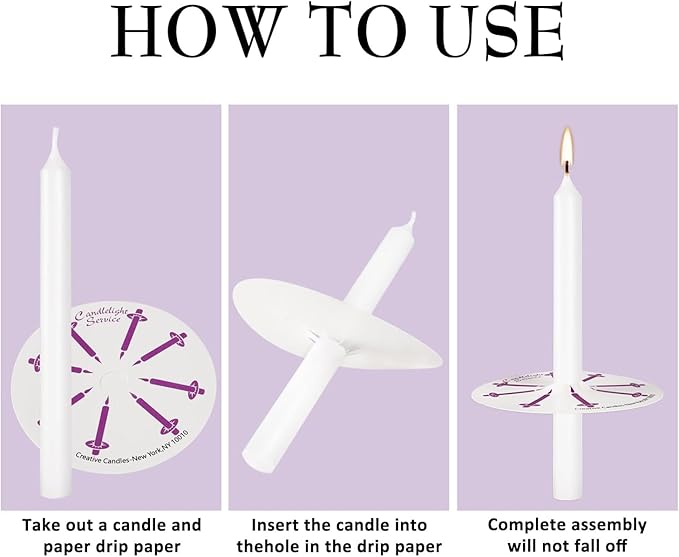 100 Pcs White Unscented Taper Candle with Drip Protectors, Church, Vigil, Shabbat, Prayer, 5 Inch