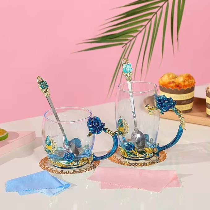 Tea Cup Gifts for Mom Birthday Gift for Women,Glass Coffee Enamels Mug Butterfly Sky Blue Flower Cup Unique Valentines Mothers Day Christmas gifts For Women Mom Wife Sister Coworker Female Friend