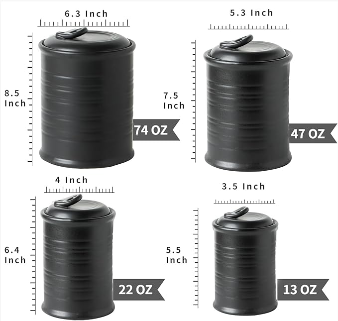 Nihow Food Storage Jar Sets: Ceramic Container with Air Tight Lid for Flour/Sugar/Rice/Coffee/Cookies/Candy - Seal Damp-proof Canister for The Kitchen Counter - Set of 4 （Matte Black）