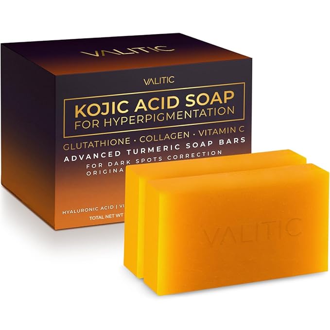 VALITIC Kojic Acid Soap for Hyperpigmentation - with Glutathione, Collagen & Vitamin C - Natural Soap Bars with Turmeric - Original Japanese Complex for Dark Spot Correction - 2 Pack
