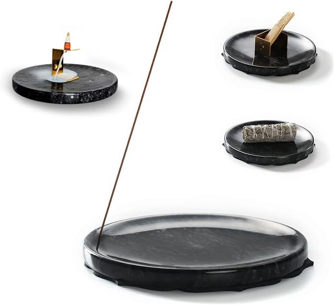 Ember Echo 7.1-Inch Natural Marble Incense Holder,Handmade Large Incense Burner for Meditation Yoga SPA, Long Incense Sticks Holder for Palo Santo/Sage/Cone/(Black)