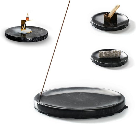 Ember Echo 7.1-Inch Natural Marble Incense Holder,Handmade Large Incense Burner for Meditation Yoga SPA, Long Incense Sticks Holder for Palo Santo/Sage/Cone/(Black)