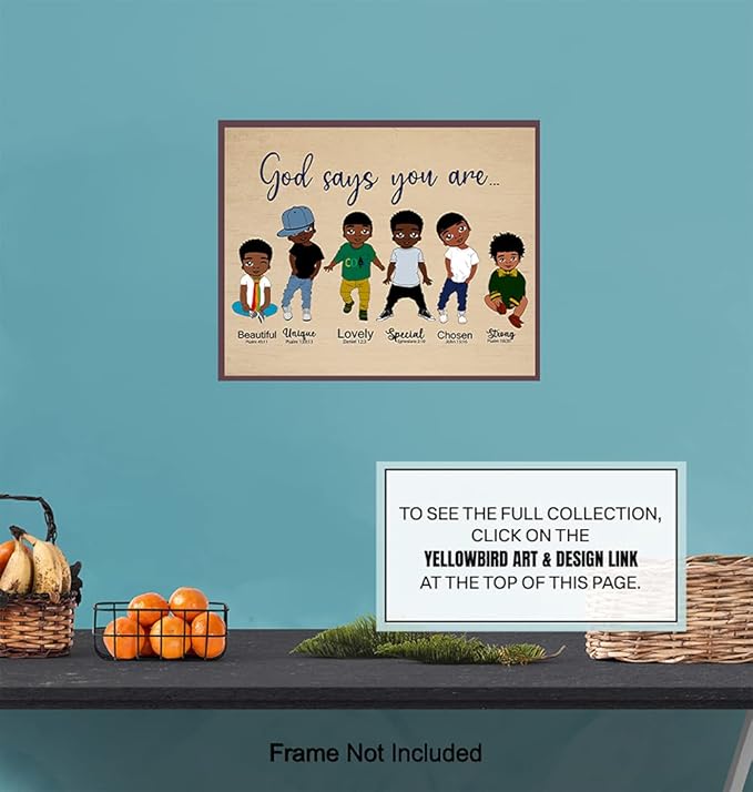 God Says You Are Wall Art - Religious Wall Decor for African American Boys - Christian Gifts - Scripture Decor - God Art - Black Boys Room Artwork - Motivational Inspirational Bible Verses
