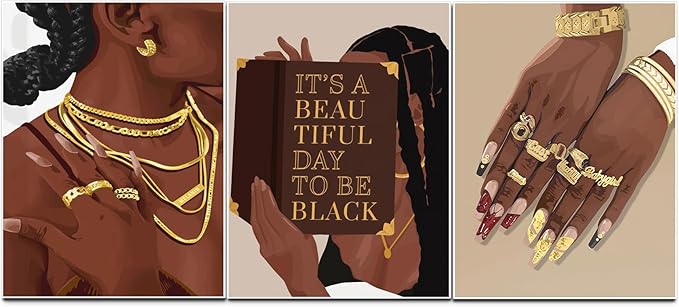 Marllifenney 3 Pcs Black Woman Wall Art Black Girl Posters Abstract African American Canvas Prints Black Women Painting Decor Modern Boho Female Pictures for Bedroom Living Room 12x16in Unframed