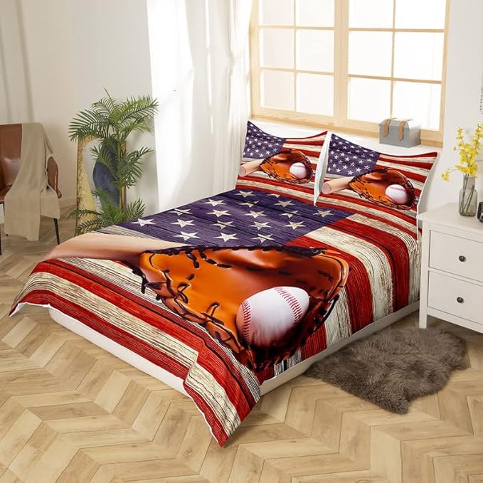 Feelyou Baseball Sports Duvet Cover Set for Kids Boys Girls America Flag Comforter Cover Retro Wooden Bedding Set 1 Duvet Cover & 2 Pillowcases