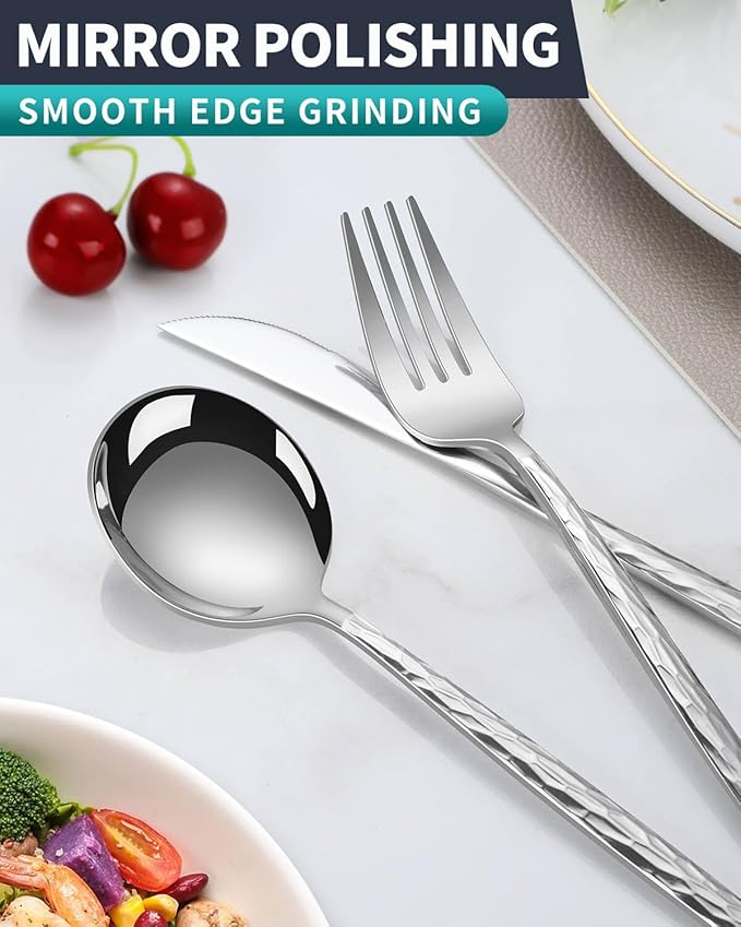 Hammered Silverware Set,30 Piece Stainless Steel Flatware Set for 6,Modern Cutlery Set,Includes Spoon Fork Knives Set,Home Kitchen and Restaurant,Dishwasher Safe (Silver)