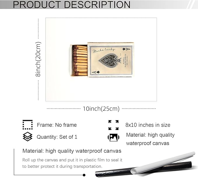 XSCQ Retro Matches Poker Canvas Posters Vintage Ace of Spades Playing Cards Matchbox Wall Art Trendy Preppy Wall Decor Funky Aesthetic Prints for Living Room 08x10 inch Unframed