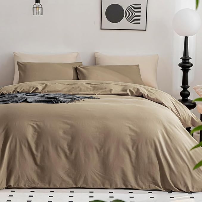 JELLYMONI Khaki Duvet Cover Twin Size - 100% Washed Cotton Linen Feel Textured Comforter Cover, 2 Pieces Breathable Soft Bedding Set with Zipper Closure (Khaki, Twin 68"x90")