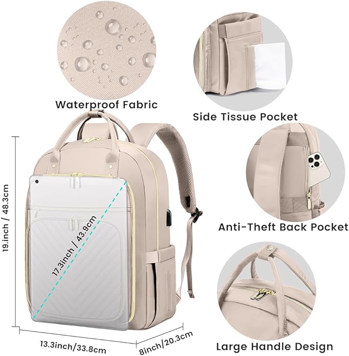 LOVEVOOK Laptop Backpack for Women, Water Resistant Travel Work Backpacks Purse Stylish Business Teacher Nurse Computer Bag with USB Charging Port,Antiquewhite