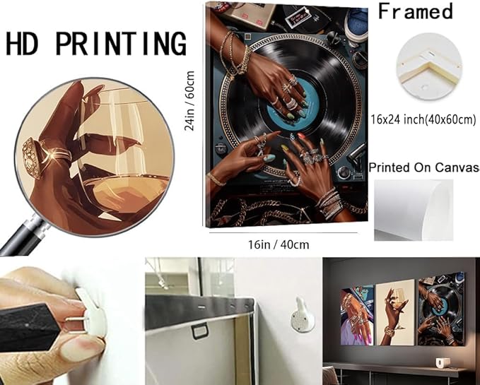 YFvrPt Black Woman Wall Art Set of 3, Trendy African American Women Wall Decor Black Girl Song Lover Canvas Poster Prints Aesthetic Pictures for Bedroom Living Room Framed 16x24 inch