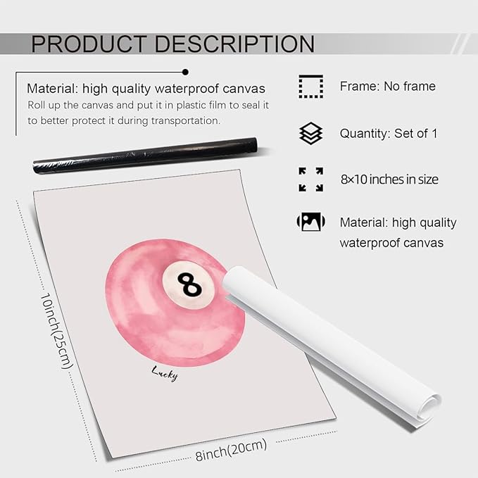 XSCQ Pink 8 Ball Wall Art Vintage Trendy Preppy Pool Ball Posters Minimalist Retro Light Pink Canvas Prints Lucky Number Painting for Girly Bedroom Dorm Wall Decor 08x10 inch Unframed