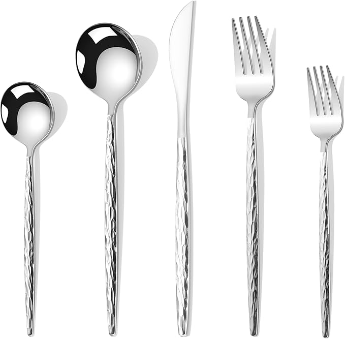 Hammered Silverware Set,30 Piece Stainless Steel Flatware Set for 6,Modern Cutlery Set,Includes Spoon Fork Knives Set,Home Kitchen and Restaurant,Dishwasher Safe (Silver)