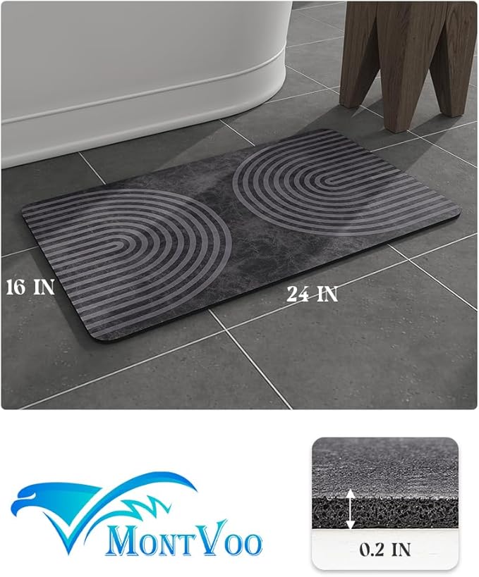 MontVoo -Bath Mat-Non Slip Thin Bathroom Rugs Fit Under Door- Quick Dry Absorbent Faux Suede Surface Grey Bathroom Floor Mats-Shower Rug for in Front of Bathtub Shower Dark Grey Arched 16x24