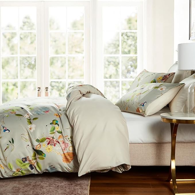 mixinni Duvet Cover Full Size Set Floral Leaves Pattern Cotton Bird Printed Bedding Duvet Covet Set with Zipper Ties, Perfect for Him and Her, Easy Care, Soft and Breathable-(3pcs, Full Size)