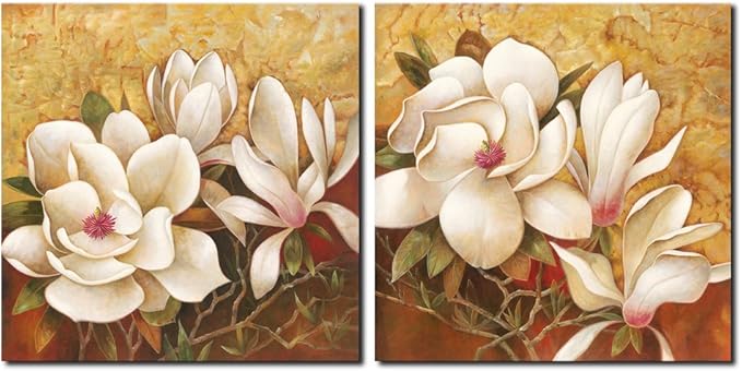 Pyradecor Magnolia Flowers Large Modern 2 Panels Gallery Wrapped Floral Giclee Canvas Prints Oil Paintings Artwork Style Brown Pictures on Canvas Wall art for Living Room Bedroom Home Decorations L