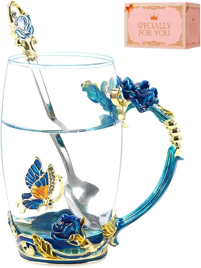 Birthday Gifts For Women,Butterfly Flower Glass Tea Cup Sky Blue Rose Coffee Mug For Women Mom Wife Sister Coworker Female Friend on Anniversary Christmas Mothers day Presents