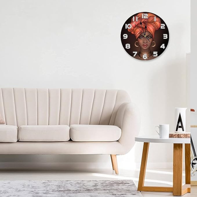 African American Woman Wall Clock Battery Operated Silent Non Ticking Round Clock Beautiful Portrait Wall Decor for Women‘ Bedroom, Living Room, Office, School 9.8 Inch