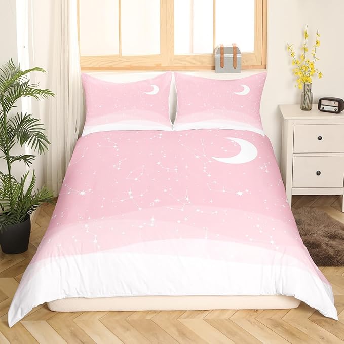 Starry Sky Galaxy Bedding Set Pink and White Comforter Cover Set for Kids Teens Women Room Decor Constellation Duvet Cover Breathable Lovely Dreamy Bedspread Cover Full Size(No Comforter)