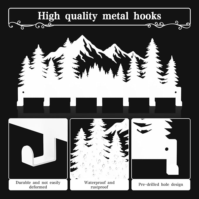 Key Holder Wall Mounted Key Hooks, White Metal Key Rack Hooks, Grove, Mountain Theme Wall Decoration Hooks, with 7 Hooks, Applicable to Front Doors, Lobby,Corridor, Offices (12 ")