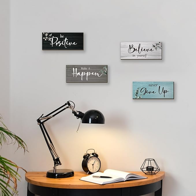 4 Pcs Office Decor For Women Motivational Wall Decor Rustic Inspirational With Positive Sayings Wooden Hangings for Home Office Bathroom Bedroom Kitchen(Fresh 10x4")