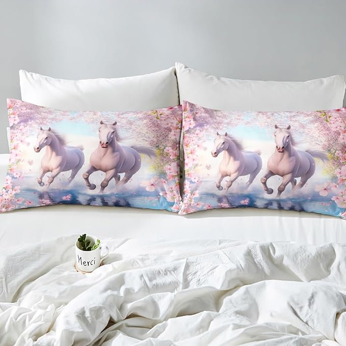 Watercolor Horse Duvet Cover King Size 3 Pcs Pink Cherry Blossom Wild Animals Bedding Set for Kids Girls Teens Dreamy Natural Flowers Plabts Decor Comforter Cover with 2 Pillowcases(No Comforter)